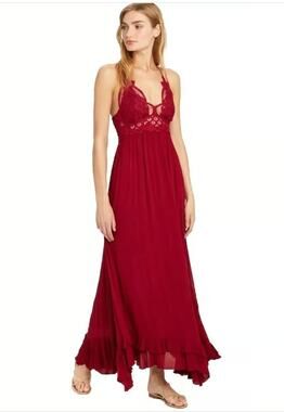 Free People Red Adella Crochet Criss Cross Maxi Dress size LARGE
